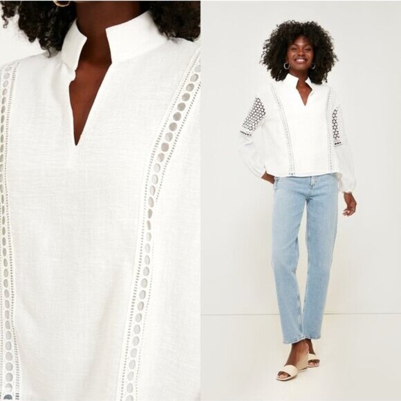 Tuckernuck NEW White Eyelet Jane Long Sleeve Coastal Bohemian Blouse Size M - Picture 3 of 7